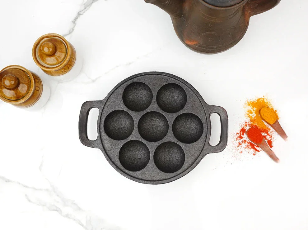 Paniyaram Pan - Cast Iron - Full Flat Base - 7 Pit .